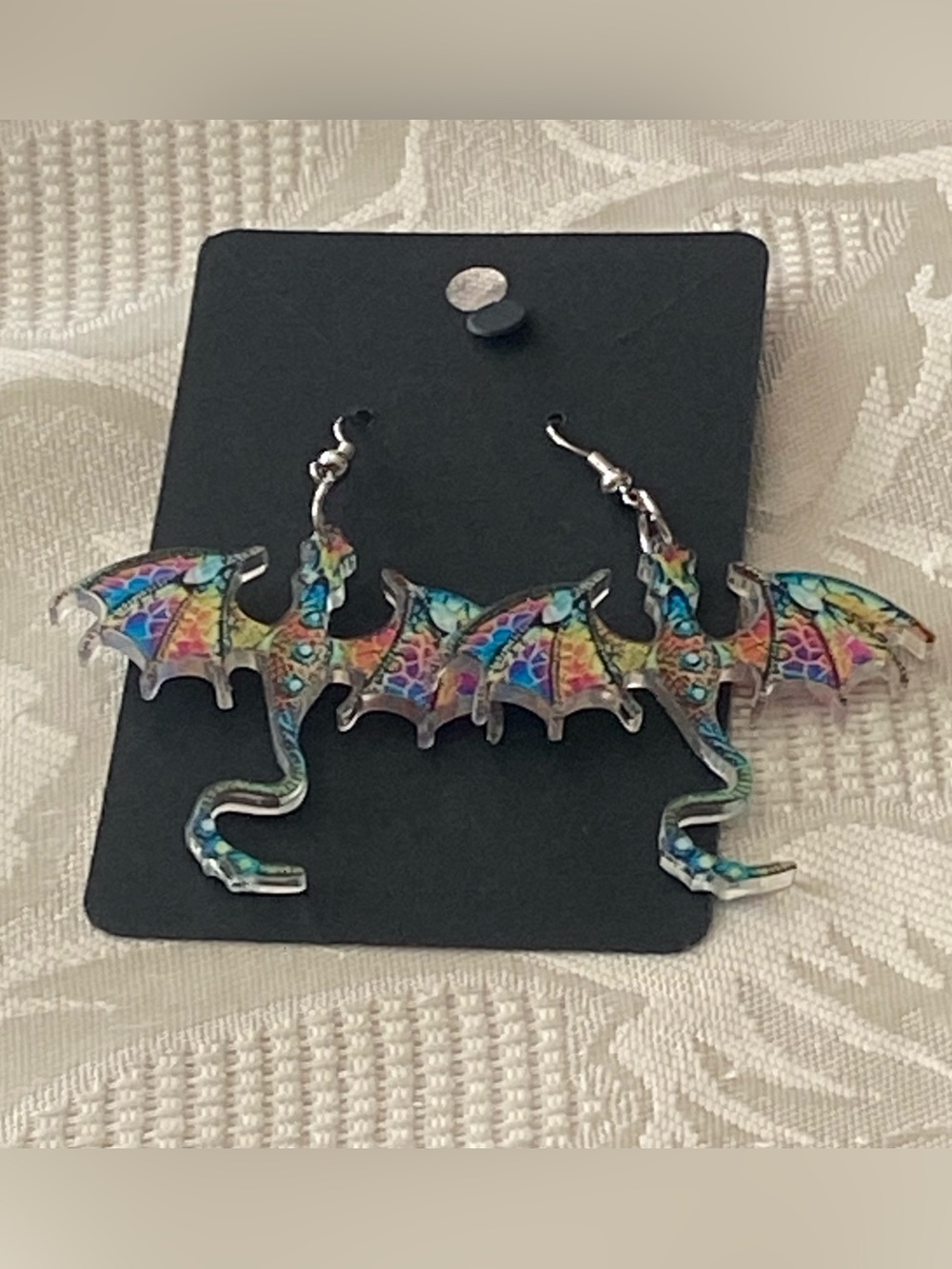 Rainbow Dragon Dragons Acrylic Dangle Earrings Pierced 2”H Goth Punk New NIP
